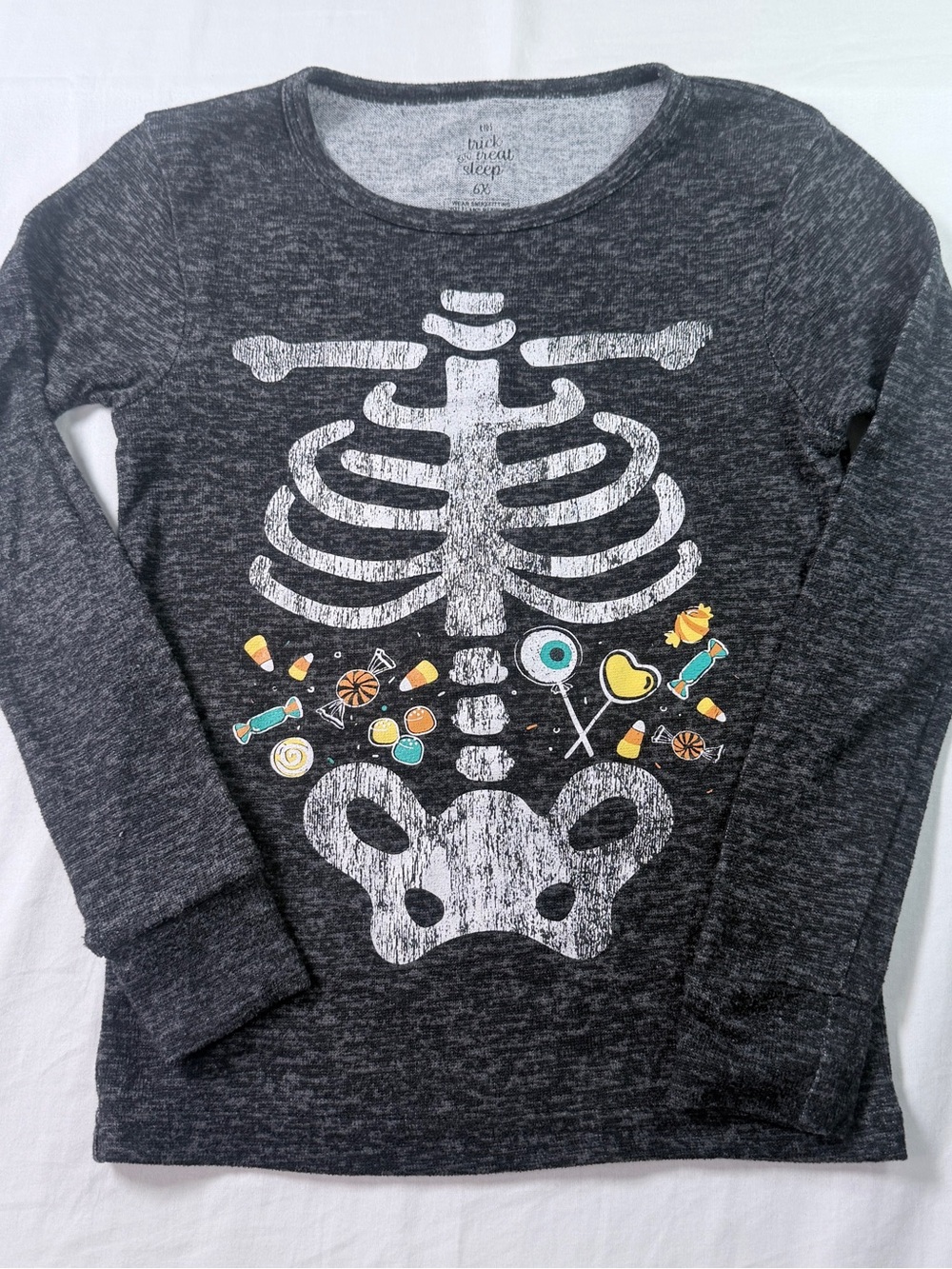 Trick or Treat Sleep Girls 6X Gray Long Sleeve Crew Neck Skeleton T-Shirt/PJ